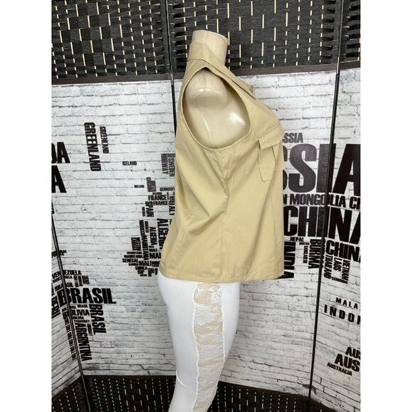 Old Navy L Stretch Beige Snap Down Front Collar Pockets Sleeveless Shirt - Picture 3 of 6